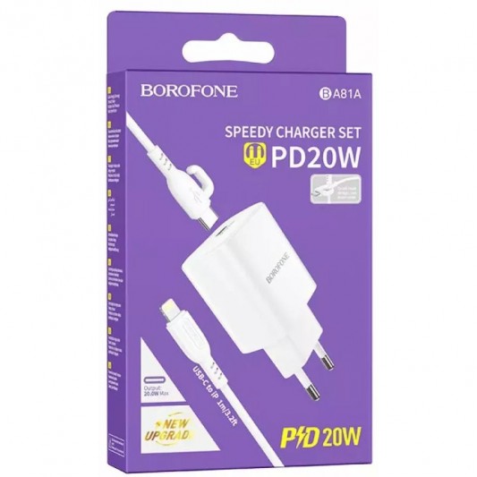 СЗУ Borofone BA81A PD20W (1USB-C) + кабель Type-C to Lightning White - изображение 1