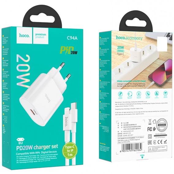 Блок живлення Hoco C94A Metro PD20W (1USB-C) + кабель Type-C to Lightning White