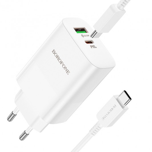 СЗУ Borofone BN10 Sunlight PD65W (1USB-A/1C) + кабель Type-C to Type-C White - изображение 1