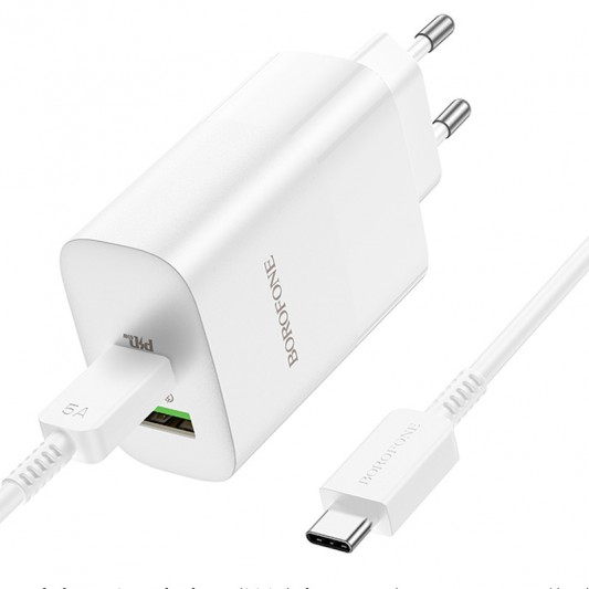 СЗУ Borofone BN10 Sunlight PD65W (1USB-A/1C) + кабель Type-C to Type-C White - изображение 2