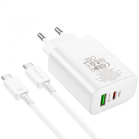 СЗУ Borofone BN10 Sunlight PD65W (1USB-A/1C) + кабель Type-C to Type-C White - изображение 6
