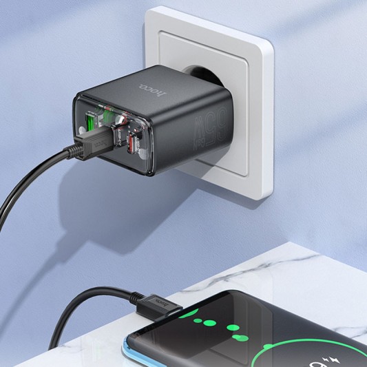 СЗУ Hoco CS44A Smart PD65W (1USB-A/2С) + кабель Type-C to Type-C Black - изображение 3