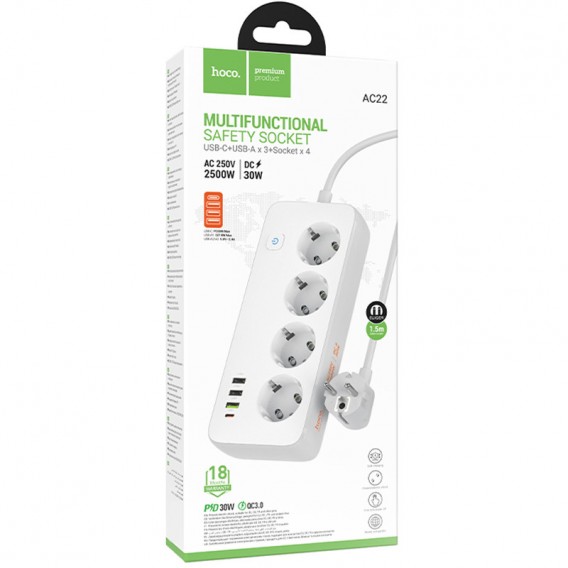 Подовжувач Hoco AC22 Sunlight (PD30W/1C/3A/4xSocket) (1.5m) White