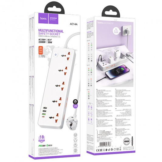 Удлинитель Hoco AC14A Rico PD30W (3USB-A/1C/5xSocket) (1.5m) White - изображение 5