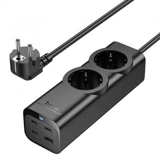Подовжувач Hoco NS10 Wisdom 2-position PD67W (1USB-A/3C/2Socket) (2m) Black - зображення 2 