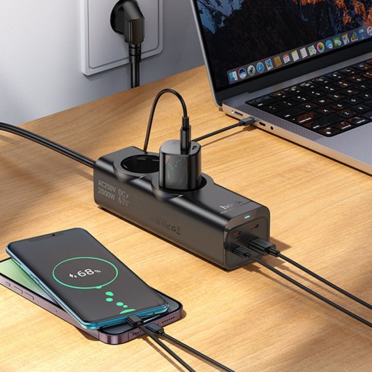 Подовжувач Hoco NS10 Wisdom 2-position PD67W (1USB-A/3C/2Socket) (2m) Black - зображення 3 