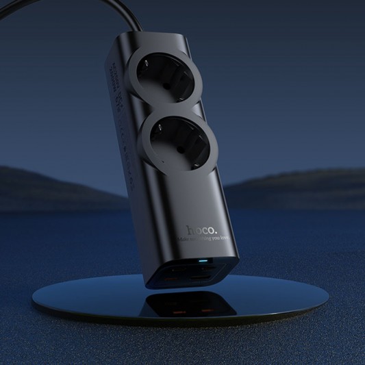 Подовжувач Hoco NS10 Wisdom 2-position PD67W (1USB-A/3C/2Socket) (2m) Black - зображення 4 
