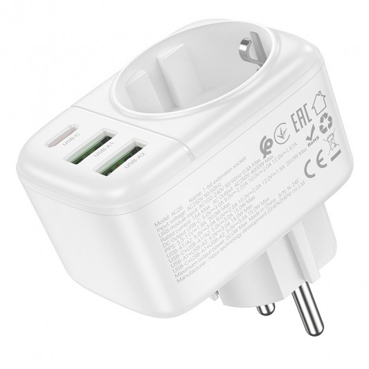 СЗУ Hoco AC26 Changer Outlet Extender 20W (2USB-A/1C/1Socket) White - изображение 2