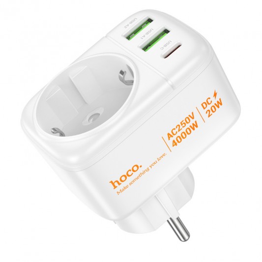 СЗУ Hoco AC26 Changer Outlet Extender 20W (2USB-A/1C/1Socket) White - изображение 4