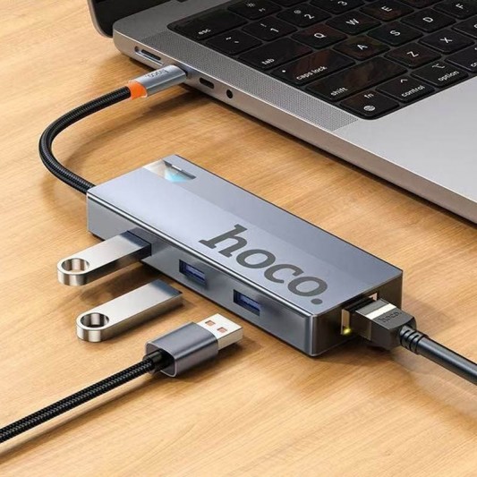 Перехідник HUB Hoco HB51 Wow 6in1 (Type-C to HDTV+RJ45+PD+3xUSB3.0) Deep space gray - зображення 4 
