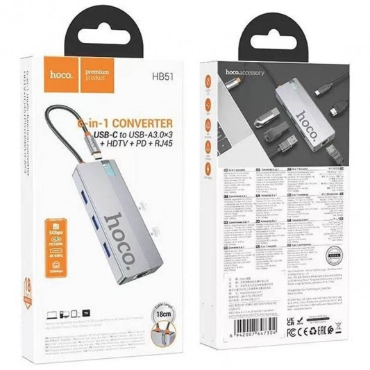 Перехідник HUB Hoco HB51 Wow 6in1 (Type-C to HDTV+RJ45+PD+3xUSB3.0) Deep space gray - зображення 5 