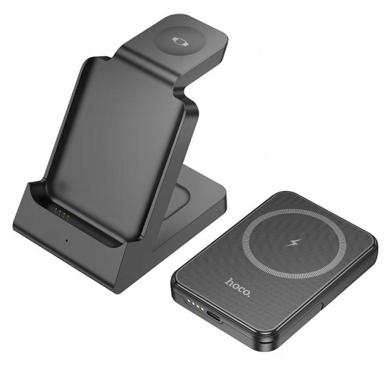 Портативний ЗП Power Bank + зарядная станция Hoco J149 Victory 3in1 magnetic з БЗП 5000 mAh Black - зображення 2 