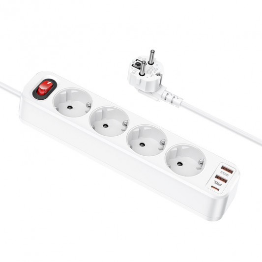 Подовжувач Hoco NS1 Aura PD20W (2USB/1Type-C/4xSocket) White - зображення 1 