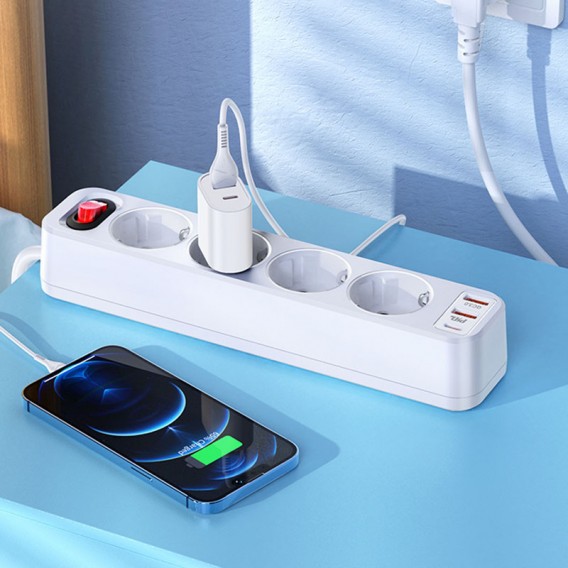 Удлинитель Hoco NS1 Aura PD20W (2USB/1Type-C/4xSocket) White