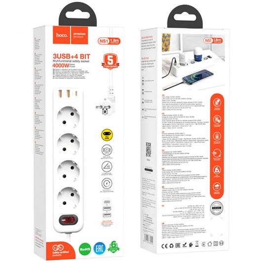 Подовжувач Hoco NS1 Aura PD20W (2USB/1Type-C/4xSocket) White - зображення 4 