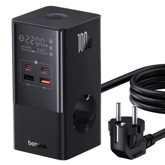 Зарядний пристрій Baseus PowerCombo Tower PowerStrip 100W (2USB-A/2C/2Socket) (1.5m) (E00023609113-00) Cluster Black
