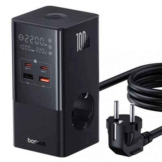 Зарядний пристрій Baseus PowerCombo Tower PowerStrip 100W (2USB-A/2C/2Socket) (1.5m) (E00023609113-00) Cluster Black