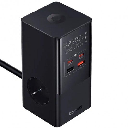 Зарядний пристрій Baseus PowerCombo Tower PowerStrip 100W (2USB-A/2C/2Socket) (1.5m) (E00023609113-00) Cluster Black - зображення 1 