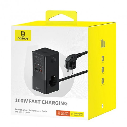 Зарядний пристрій Baseus PowerCombo Tower PowerStrip 100W (2USB-A/2C/2Socket) (1.5m) (E00023609113-00) Cluster Black - зображення 4 