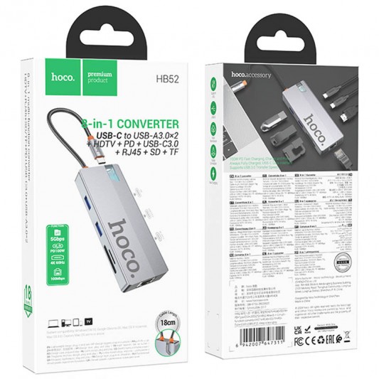Переходник HUB Hoco HB52 Wow 8in1 (Type-C to HDTV+RJ45+SD/TF+PD+Type-C3.0+2xUSB3.0) - изображение 5