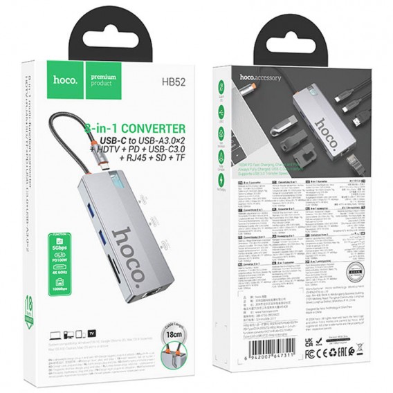 Переходник HUB Hoco HB52 Wow 8in1 (Type-C to HDTV+RJ45+SD/TF+PD+Type-C3.0+2xUSB3.0)