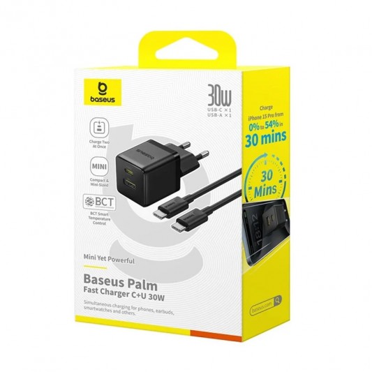 МЗП Baseus Palm Fast Charger 30W (1USB-A/1C) + кабель Type-C to Type-C (P1011160A) Cluster Black - зображення 5 
