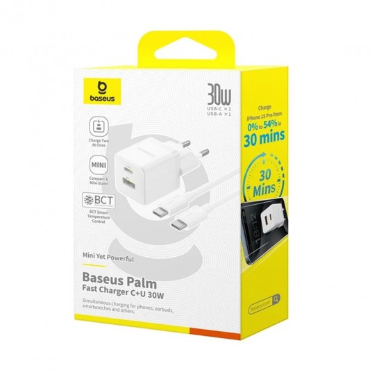 МЗП Baseus Palm Fast Charger 30W (1USB-A/1C) + кабель Type-C to Type-C (P1011160A) Moon White - зображення 5 