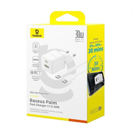 Блок живлення Baseus Palm Fast Charger 30W (1USB-A/1C) + кабель Type-C to Type-C (P1011160A) Moon White