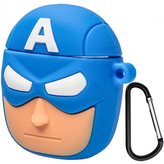 Силиконовый футляр Marvel & DC series для наушников AirPods 1/2 + карабин Капитан Америка/Синий - изображение 1