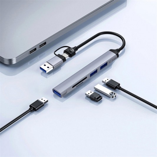Переходник HUB WIWU Wi-HB003 ZOLO 5 in 1 (USB-C/USB-A to 2xUSB2.0+1xUSB3.0+SD/TF) Grey - изображение 3