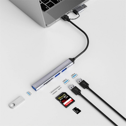 Переходник HUB WIWU Wi-HB003 ZOLO 5 in 1 (USB-C/USB-A to 2xUSB2.0+1xUSB3.0+SD/TF) Grey - изображение 4