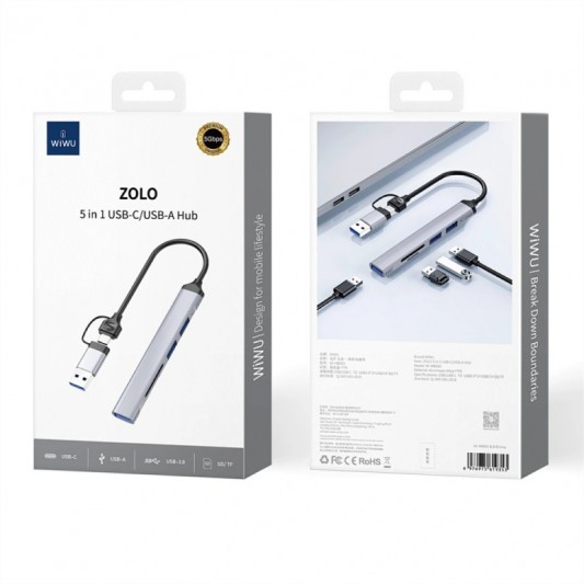 Переходник HUB WIWU Wi-HB003 ZOLO 5 in 1 (USB-C/USB-A to 2xUSB2.0+1xUSB3.0+SD/TF) Grey - изображение 5