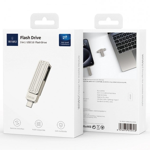 Флеш-драйв USB 3.0 Flash Drive WIWU Wi-FD001 3 in 1 128GB Silver