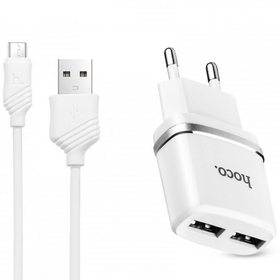 Блок живлення Hoco C12 Charger + Cable (Micro) 2.4A 2USB Білий