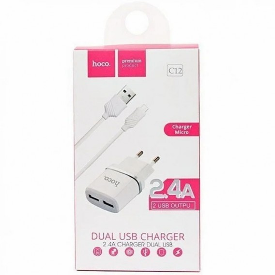 Блок живлення Hoco C12 Charger + Cable (Micro) 2.4A 2USB Білий
