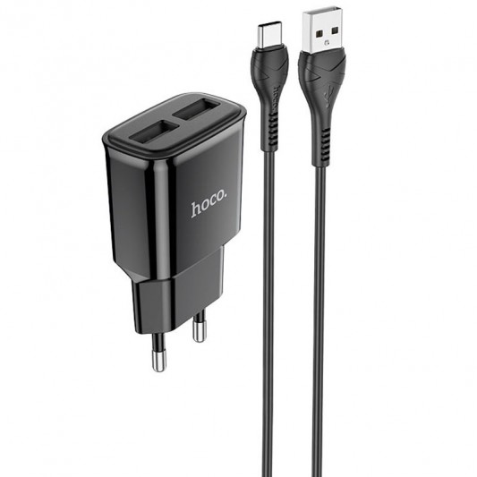 МЗП Hoco C88A Star round 2.4A (2USB-A) + кабель USB to Type-C Чорний