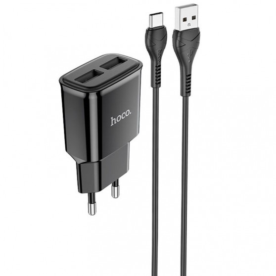 МЗП Hoco C88A Star round 2.4A (2USB-A) + кабель USB to Type-C Черный