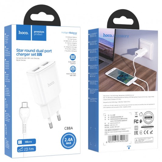 МЗП Hoco C88A Star round 2.4A (2USB-A) + кабель USB to MicroUSB Білий - зображення 4 