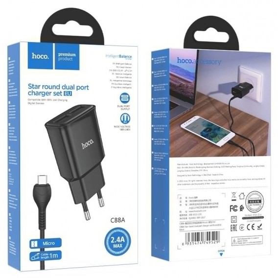 Блок живлення Hoco C88A Star round 2.4A (2USB-A) + кабель USB to MicroUSB Чорний