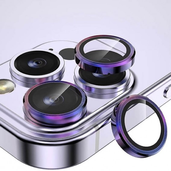 Защитное стекло Metal Classic на камеру (в упаковке) для Apple iPhone 14 Pro (6.1") / 14 Pro Max (6.7") Сиреневый / Rainbow