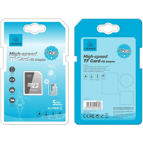 Карта пам'яті Usams US-ZB117 (TF High Speed Card) microSDHC Class 10 - 16GB (з адаптером) Blue
