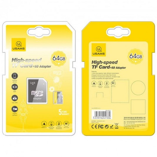 Карта пам'яті Usams US-ZB119 (TF High Speed Card) microSDHC Class 10 - 64GB (з адаптером) Yellow - зображення 1 