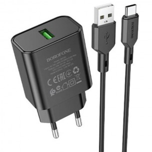 Блок живлення Borofone BA72A Spring QC3.0 (1USB-A) + кабель USB to Type-C Black