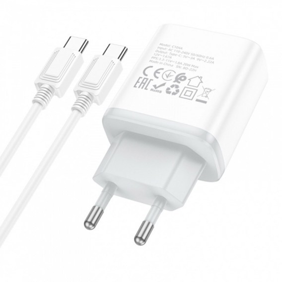 Блок живлення Hoco C104A PD20W (1USB-C) + кабель Type-C to Type-C White