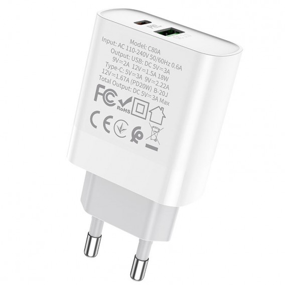 Блок живлення Hoco C80A Plus Rapido PD20W+QC3.0 (1USB-A/1C) White
