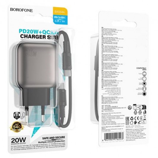 МЗП Borofone BAS54A Absolute PD20W+QC3.0 (1USB-A/1C) + кабель Type-C to Type-C Black - зображення 2 