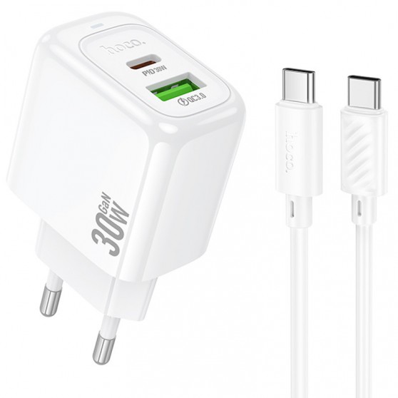 МЗП Hoco CS55A Surplus PD30W+QC3.0 (1USB-A/1C) + кабель Type-C to Type-C White