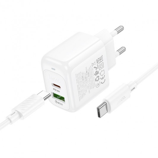 МЗП Hoco CS55A Surplus PD30W+QC3.0 (1USB-A/1C) + кабель Type-C to Type-C White - зображення 1 
