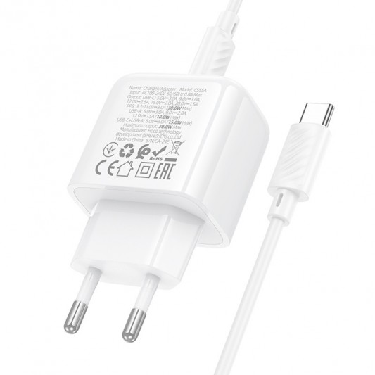 МЗП Hoco CS55A Surplus PD30W+QC3.0 (1USB-A/1C) + кабель Type-C to Type-C White - зображення 6 