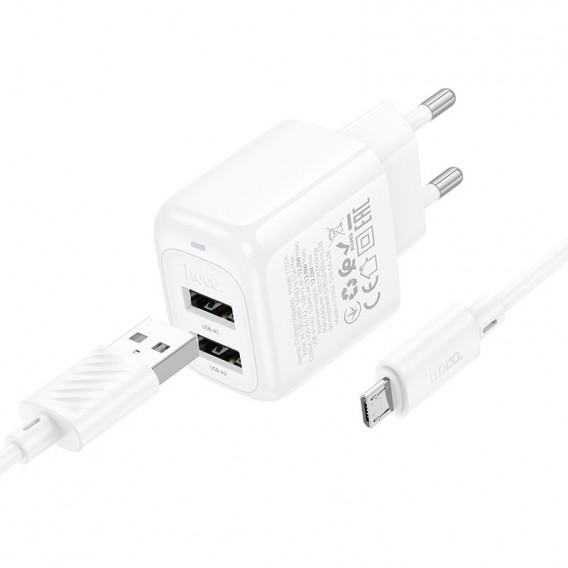 Блок живлення Hoco CS51A Surplus (2USB-A) + кабель USB to MicroUSB White
